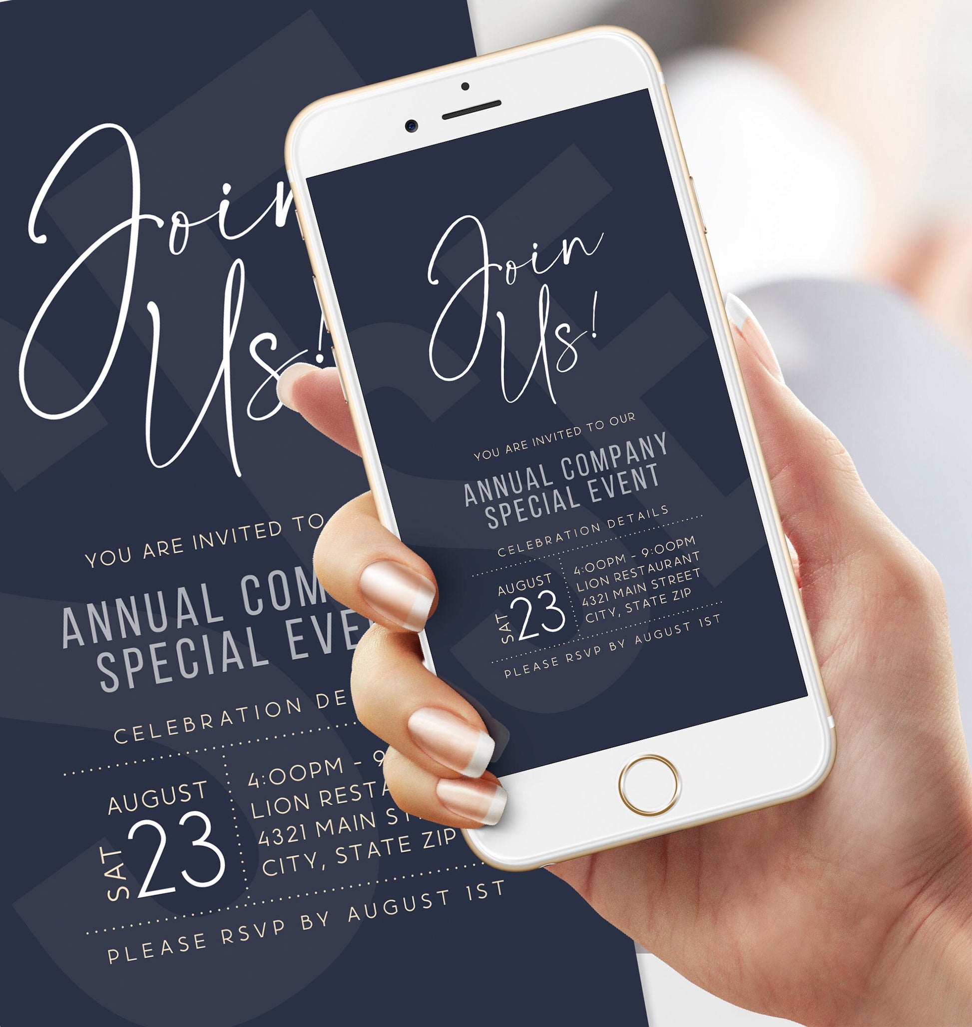 Navy Minimal Business Invite, Custom Digital Mobile Text Message Invitation, Retirement Party, Corporate Event, Launch Party, Digital Evite