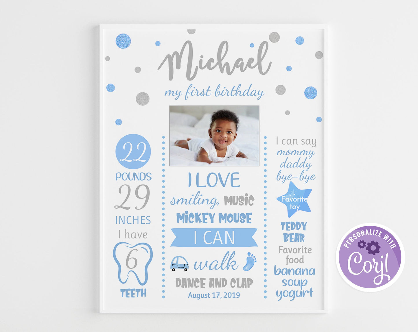 Editable 1st Birthday Poster - Blue and Gold Confetti Design | Instant Download