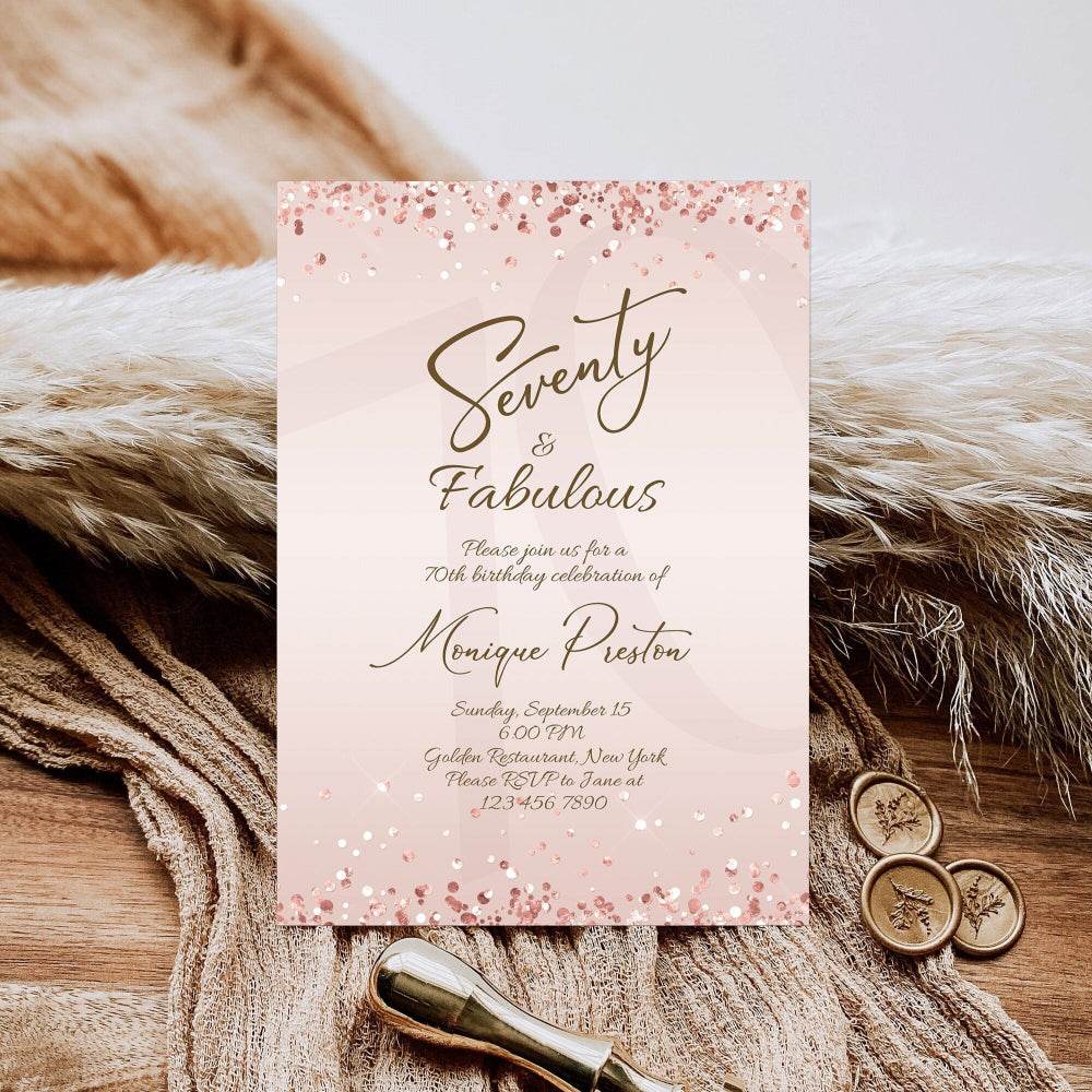 Rose Gold 70th Birthday Invitation for Her – Editable Seventy & Fabulous Surprise Party Template | Printable 70th Women’s Invite | Digital Download