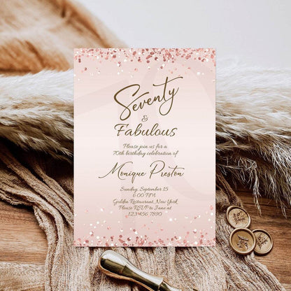 Rose Gold 70th Birthday Invitation for Her – Editable Seventy & Fabulous Surprise Party Template | Printable 70th Women’s Invite | Digital Download