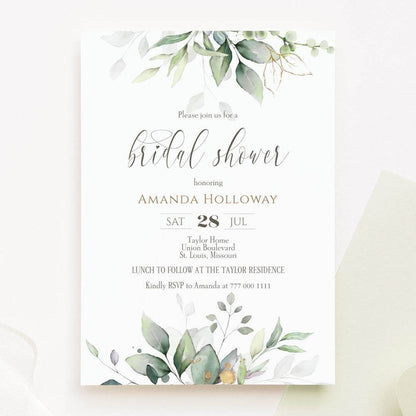 Greenery Bridal Shower Invitation – Editable Template – Watercolor Eucalyptus & Gold Foil – Printable Bridal Shower Invite – Instant Download