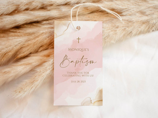 Pink Girl Baptism Thank You Tag Template | Editable Christening Favor Tags | Pink & Gold Watercolor Labels | Printable Baptism Gift Tags | Instant Download