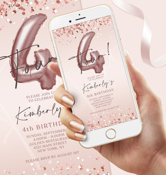 4th Birthday Girl Digital Invitation | Editable Rose Gold Mobile Evite | Electronic Text Message Invite | DIY Corjl Template