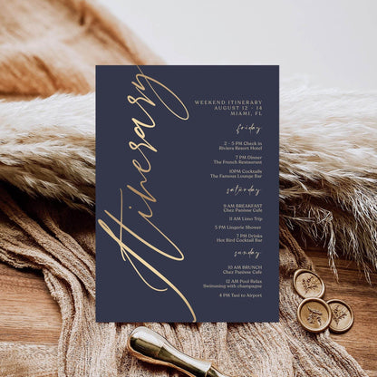 Navy Gold Weekend Itinerary Template, Editable Printable Birthday or Anniversary Weekend Schedule, Digital Events Itinerary, Instant Download, Email Text Message