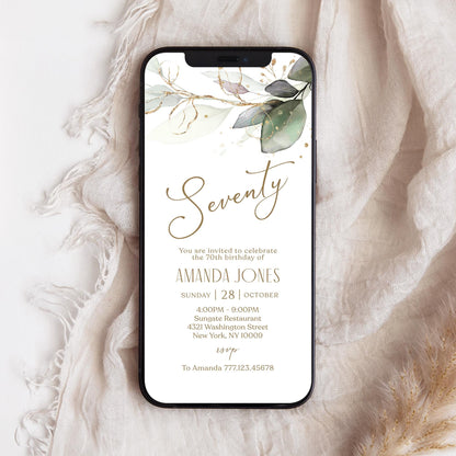 Electronic Seventy 70th birthday Invitation Template, Digital Greenery Eucalyptus Birthday Invite, Editable Template, Text Message Evite