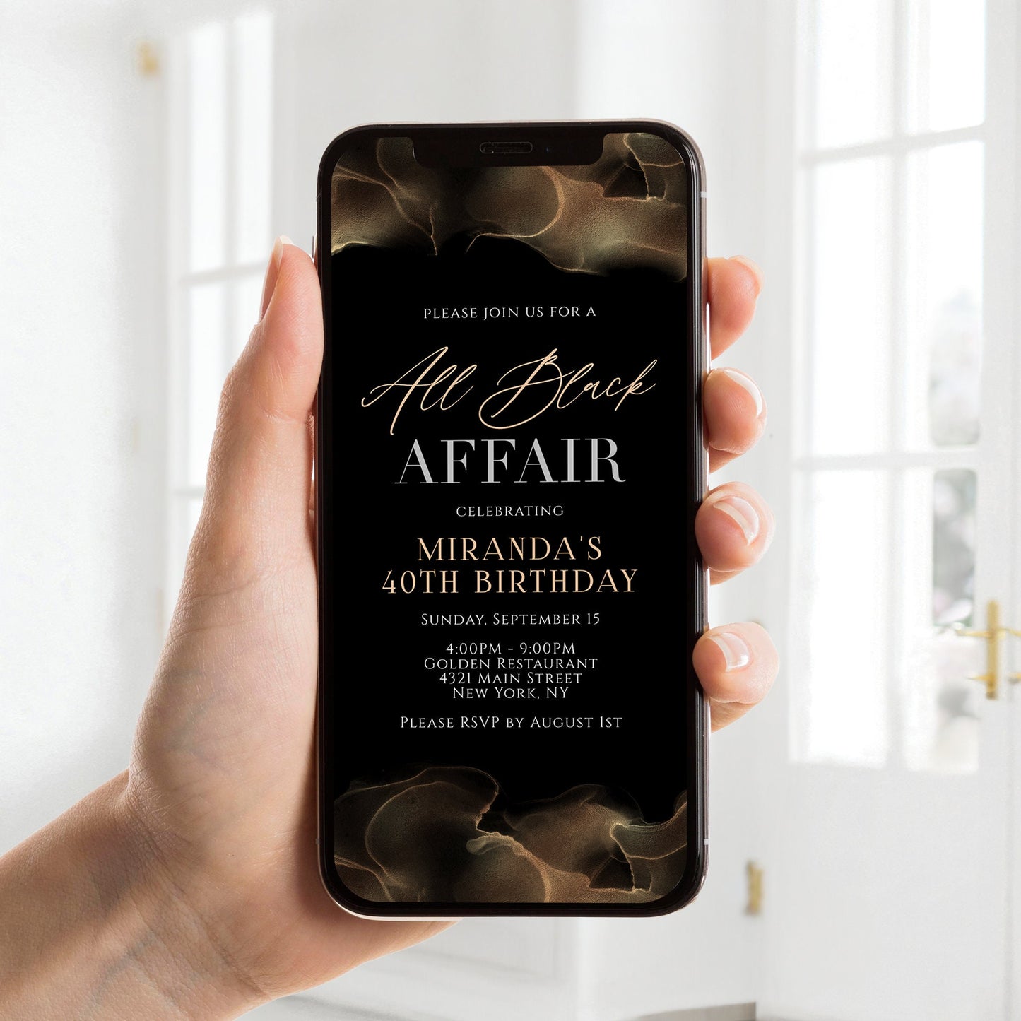 Electronic All Black Affair Invitation Template – Editable Formal Black Digital Party Evite – All Black Theme E-Invite – Text Message or Email – Instant Download
