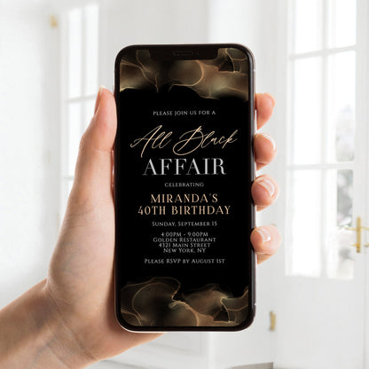 Electronic All Black Affair Invitation Template – Editable Formal Black Digital Party Evite – All Black Theme E-Invite – Text Message or Email – Instant Download