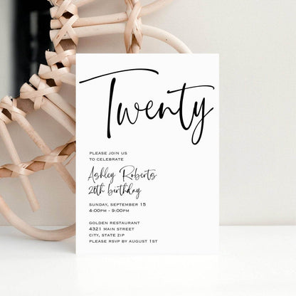 Simple 20th Birthday Invitation Template, Editable Printable Invite for Men or Women, Minimalist Twenty Birthday Card, Instant Download