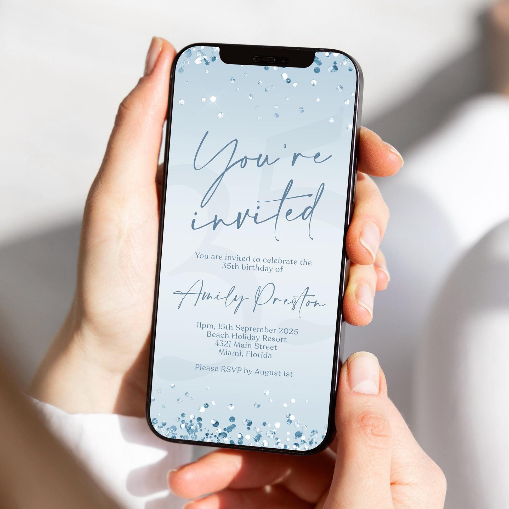 Electronic You Are Invited Blue Silver Invitation Template, Digital Confetti Birthday Invite, Editable Text Message Evite, Any Age Birthday