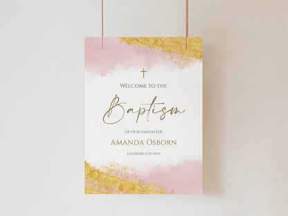 Pink Girl Baptism Welcome Sign, Christening Welcome Sign, Printable Welcome Sign Watercolor Welcome Sign, Pink Gold Sign, Digital Template