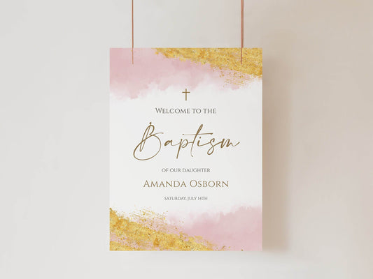 Pink Girl Baptism Welcome Sign, Christening Welcome Sign, Printable Welcome Sign Watercolor Welcome Sign, Pink Gold Sign, Digital Template