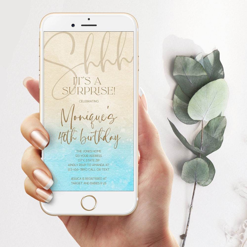 Digital Beach Party 40th Surprise Birthday Invitation – Editable Electronic 40th Birthday Text Message Evite | Phone Invitation Template | Instant Download