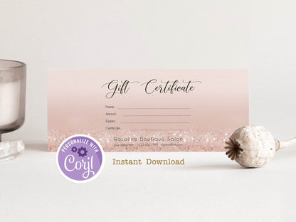 Editable Gift Certificate Template | Rose Gold Beauty Salon Voucher | Printable Gift Card Template | Gift Certificate for Spa, Hair, or Nail Studio