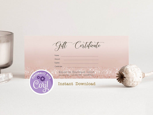 Editable Gift Certificate Template | Rose Gold Beauty Salon Voucher | Printable Gift Card Template | Gift Certificate for Spa, Hair, or Nail Studio