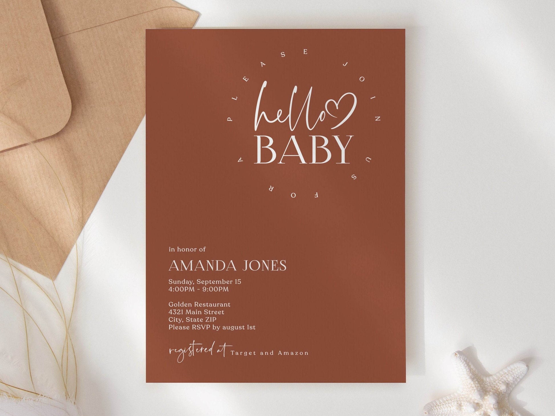 Minimalist Baby Shower Invitation Template – Editable Gender Neutral Hello Baby Invite | Simple Printable Baby Shower Card | Instant Download
