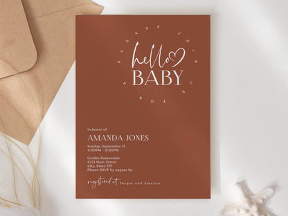 Minimalist Baby Shower Invitation Template – Editable Gender Neutral Hello Baby Invite | Simple Printable Baby Shower Card | Instant Download