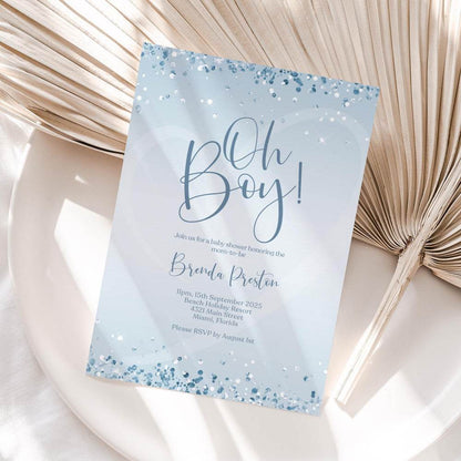 Blue Silver Oh Boy Baby Shower Invitation Template | Editable Boy Baby Shower Invite | Modern Printable Invitation | Digital Download Card