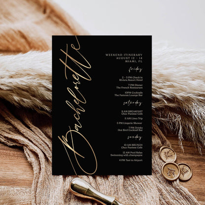 Black Bachelorette Itinerary Template, Editable Weekend Event Schedule, Printable Elegant Itinerary, Digital Download, Text Message Evite