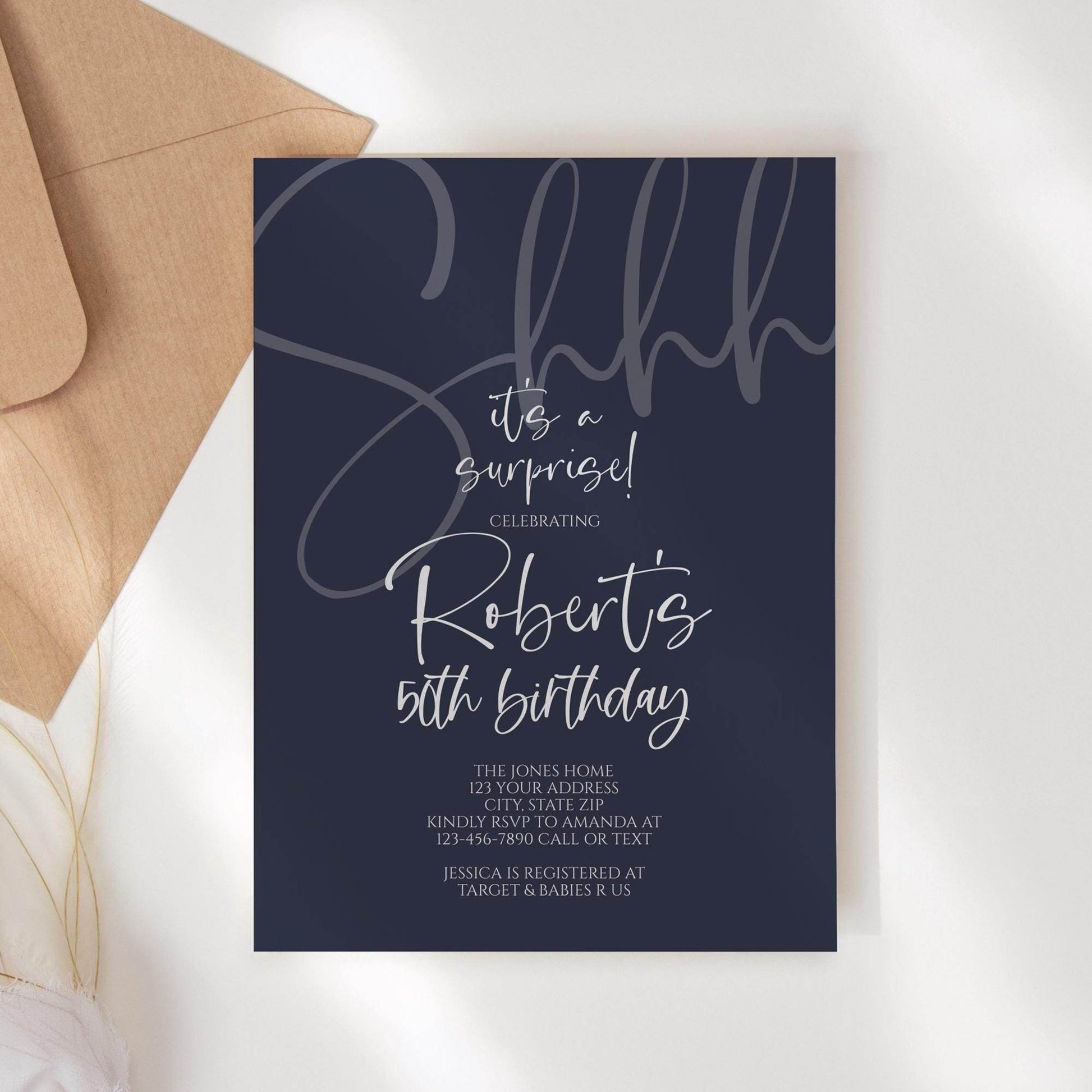 Navy Gold Surprise 40th Birthday Invitation, Printable Shhh It’s a Surprise Blue Forty Birthday Invite, Editable Digital Invitation Template, Instant Download