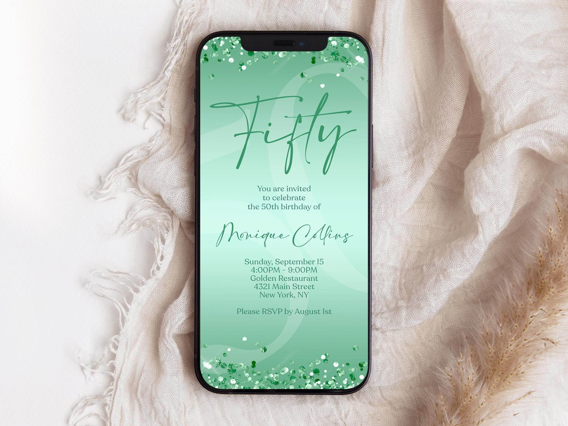 Digital Mint Green 50th Birthday Invitation Template, Electronic Fifty Birthday Invite, Mint Foil Confetti Editable Text Message Evite