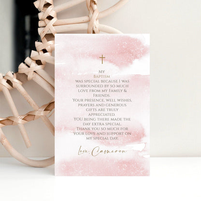 Printable Girl Baptism Thank You Card Template | Pink Watercolor Design | 4x6 inch Editable Digital Download