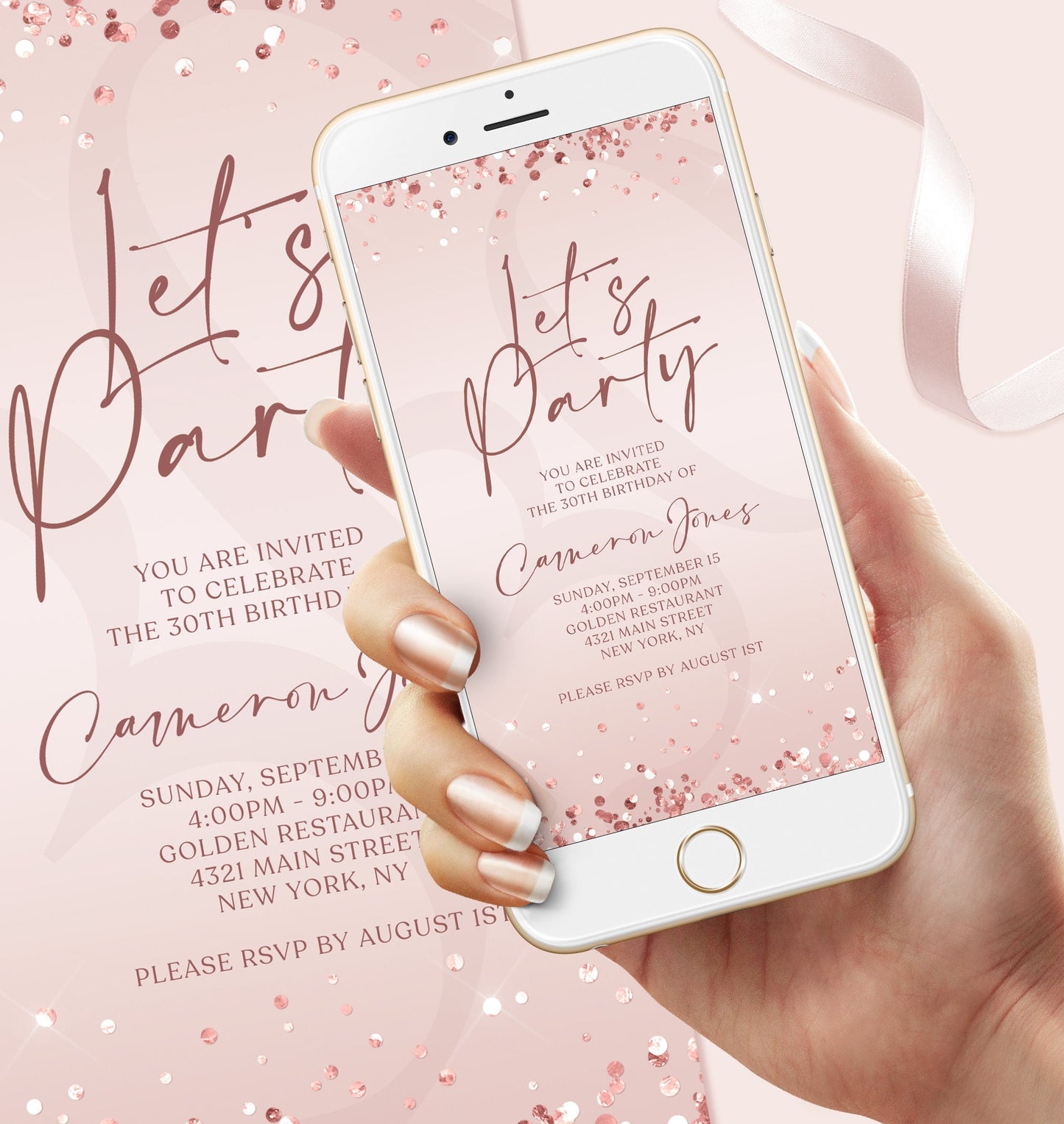 Digital Rose Gold Let's Party Birthday Invitation Template, Electronic Birthday Invite, Editable Text Message Evite, Any Age Phone Invite, Instant Download 