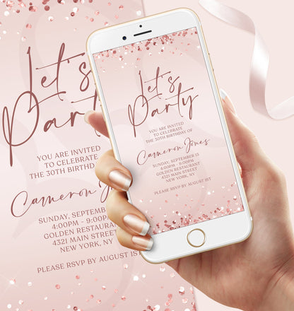 Digital Rose Gold Let's Party Birthday Invitation Template, Electronic Birthday Invite, Editable Text Message Evite, Any Age Phone Invite, Instant Download 