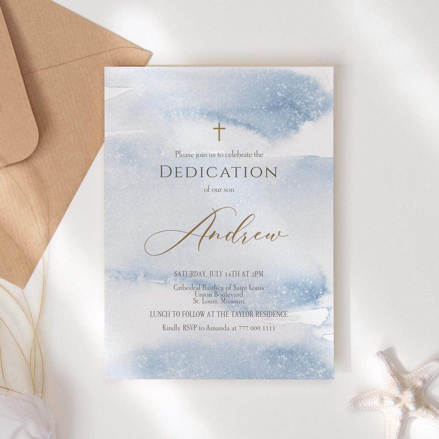 Boy Dedication Invitation Template, Printable Blue Gold Watercolor Invite, Editable Baptism Evite, Digital Baby Blessing Card, Instant Download