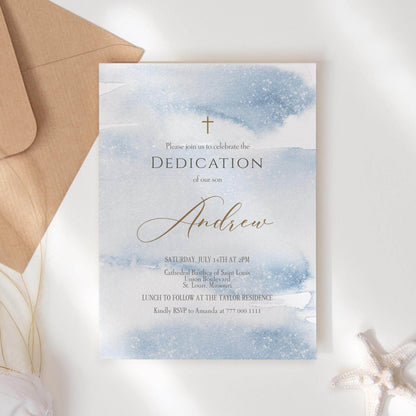 Boy Dedication Invitation Template, Printable Blue Gold Watercolor Invite, Editable Baptism Evite, Digital Baby Blessing Card, Instant Download