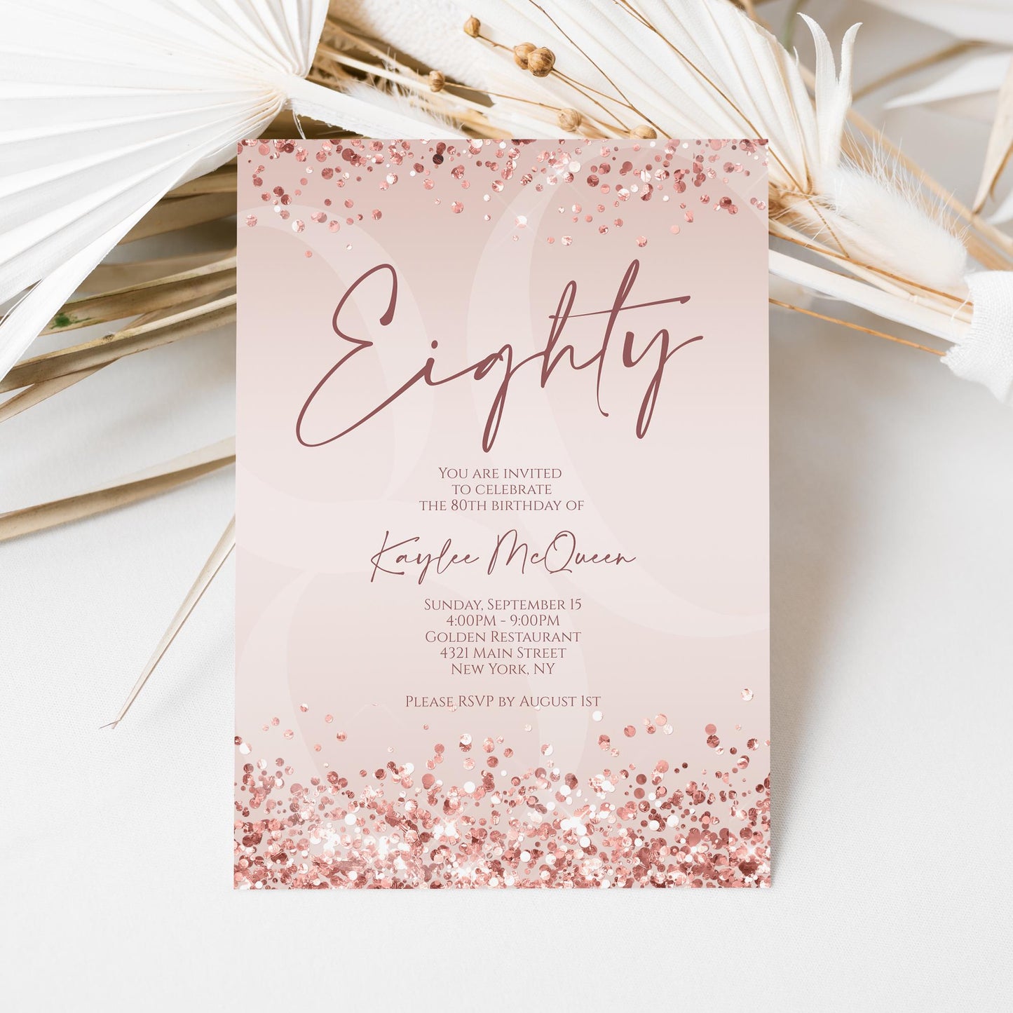 Rose Gold 80th Eighty Invitation Template Printable, Editable Pink Women 80th Birthday Invite, Email Text Message, Birthday Card Invitation