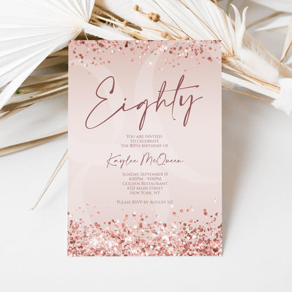 Rose Gold 80th Eighty Invitation Template Printable, Editable Pink Women 80th Birthday Invite, Email Text Message, Birthday Card Invitation