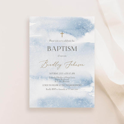 Boy Baptism Invitation Template | Blue Watercolor Editable Invite | Printable Christening Invitation | Text Message or Email | Instant Download