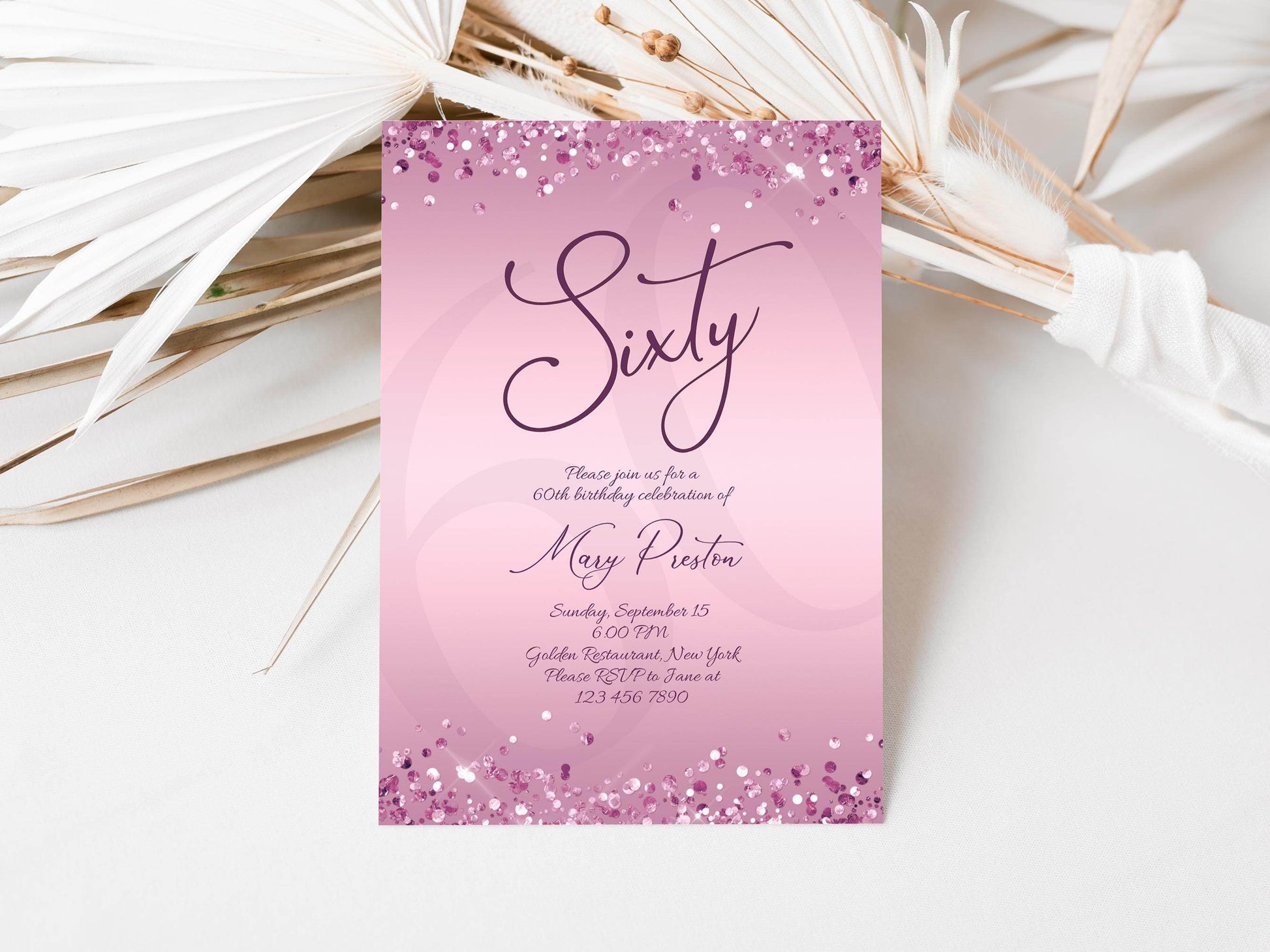 Editable 60th Birthday Invitation Template for Women, Printable Purple Gold Birthday Party Invite, Luxury Lavender Birthday Dinner Card, Email Text Message Evite, Instant Download