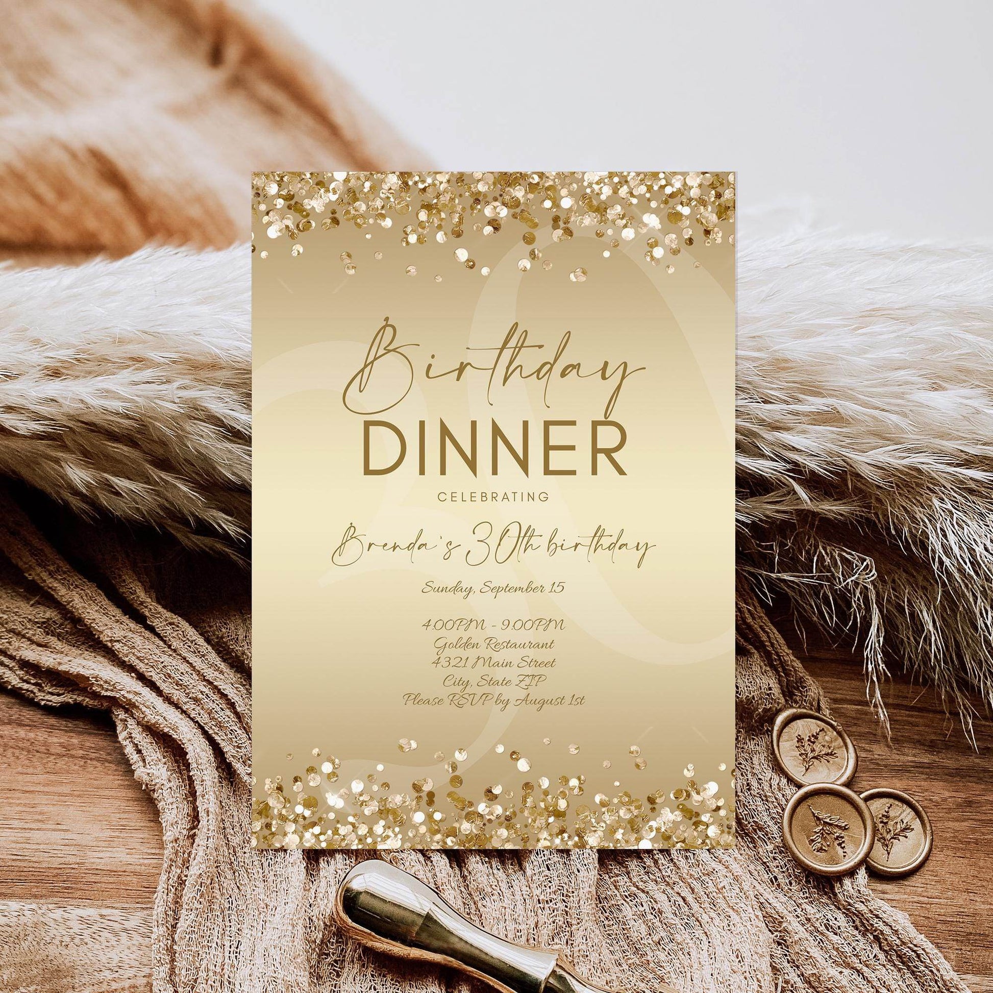 Gold Birthday Dinner Invitation Template Printable, Editable Gold Birthday Dinner Invite, Any Age Birthday, Email Text Message Invitation