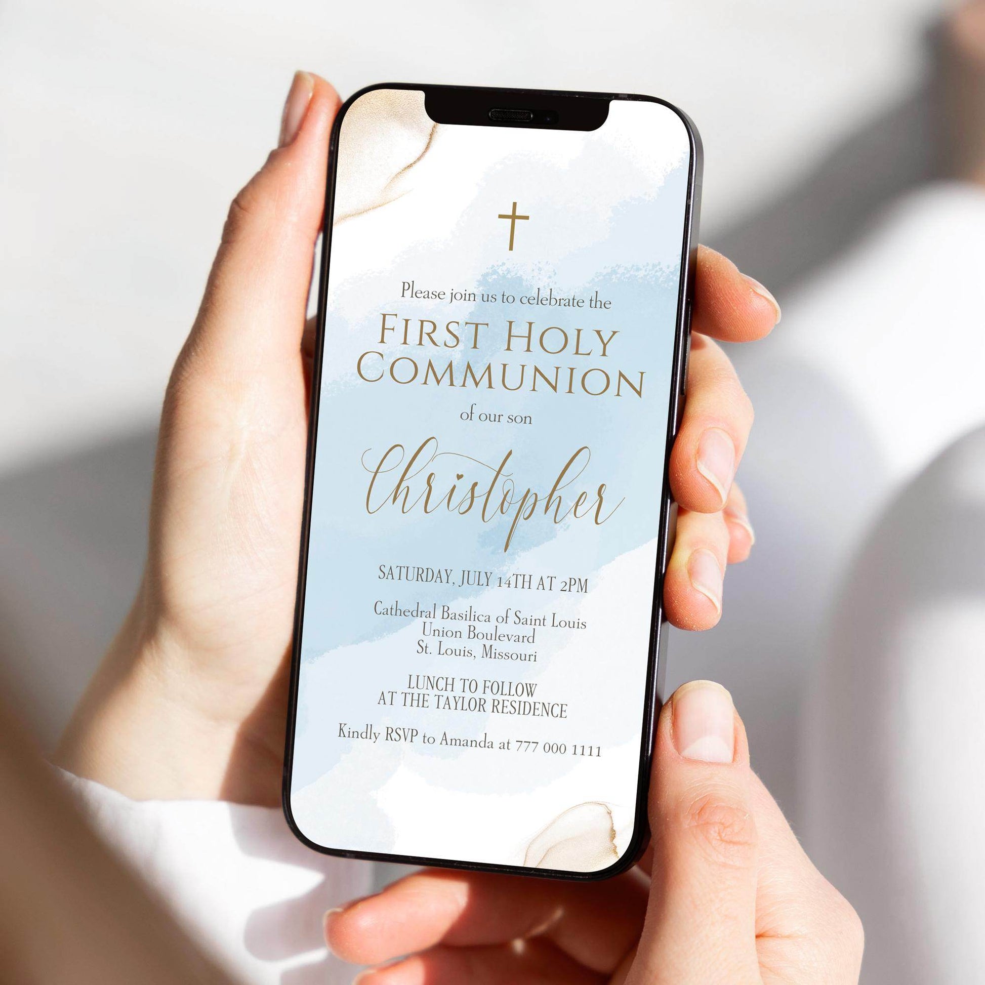 Boy Communion Invitation Template, Blue Watercolor 1st Holy Communion Evite, Editable Digital Text Message Invite, Instant Download