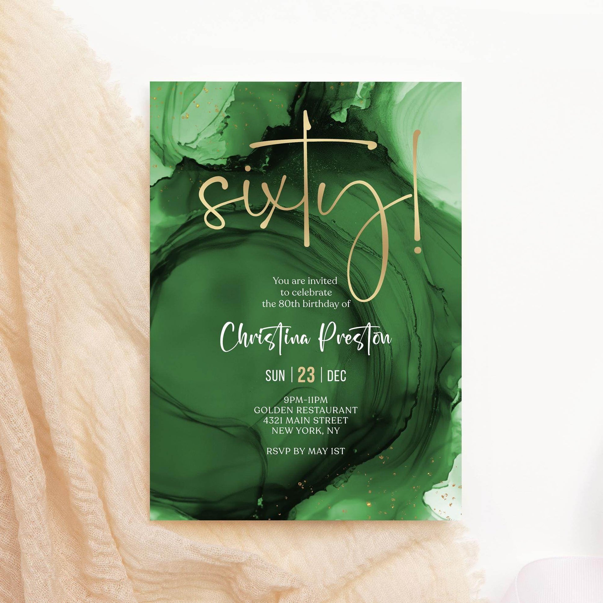 Green Emerald Gold 60th Birthday Invitation Template | Printable Surprise Birthday Invite | Editable Digital Download Invitation
