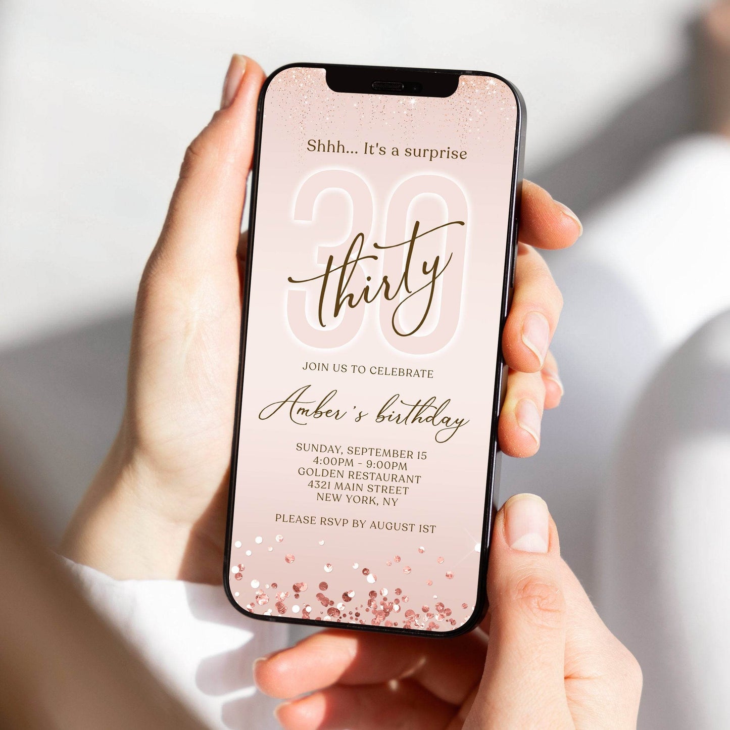 Digital Shhh it's a surprise 30th thirty text invitation template, Rose Gold Electronic Editable invite, Text Message Evite, Phone Invite