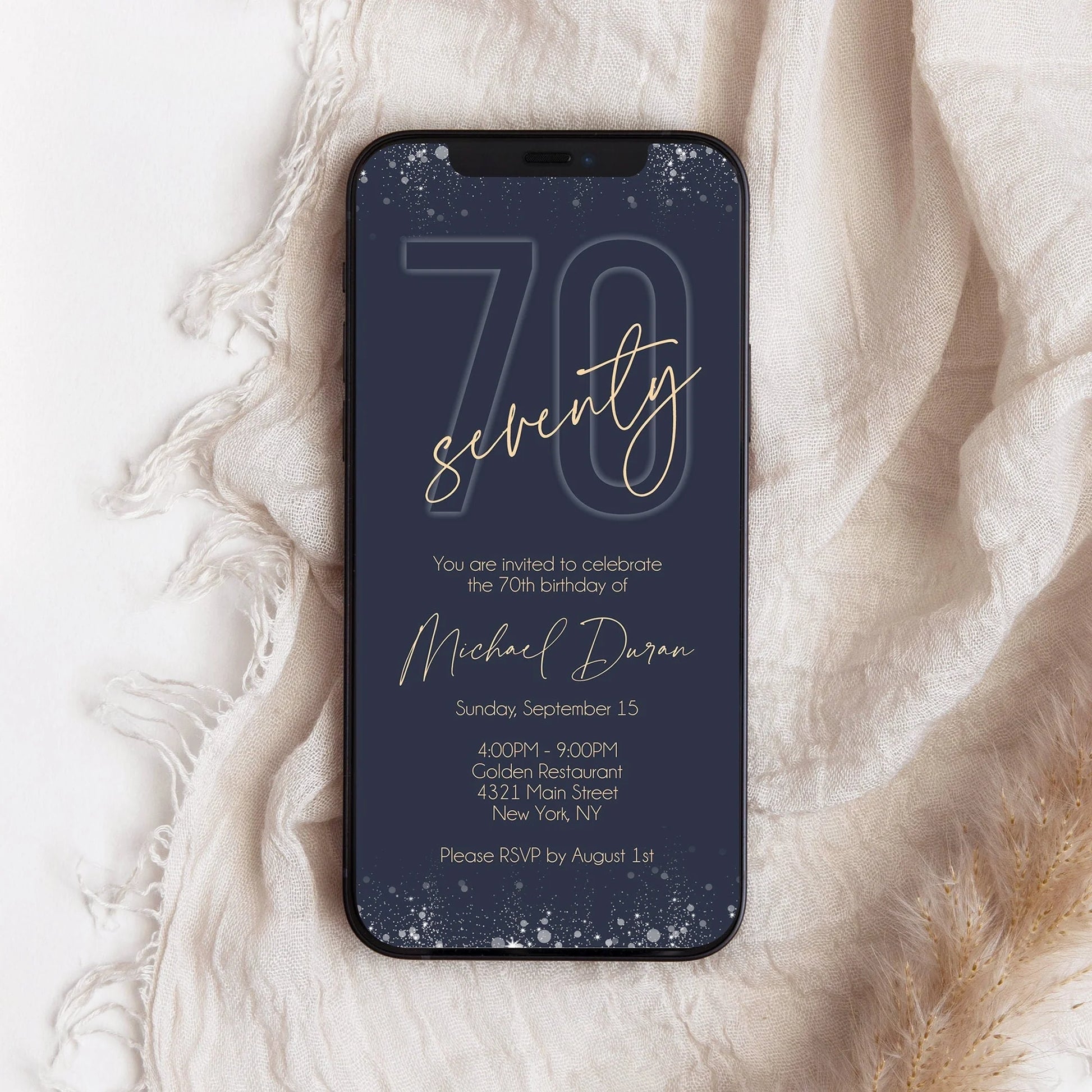 Electronic Navy Gold 70th Seventy BIRTHDAY Invitation Evite, Digital Phone SMS Text message invite, Editable Template, Blue Mens Invitation