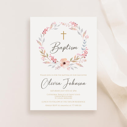 Girl Baptism Invitation Template Editable, Boho Floral Girl Invite Template, Printable Blush Pink Christening Card Invite, Digital Download