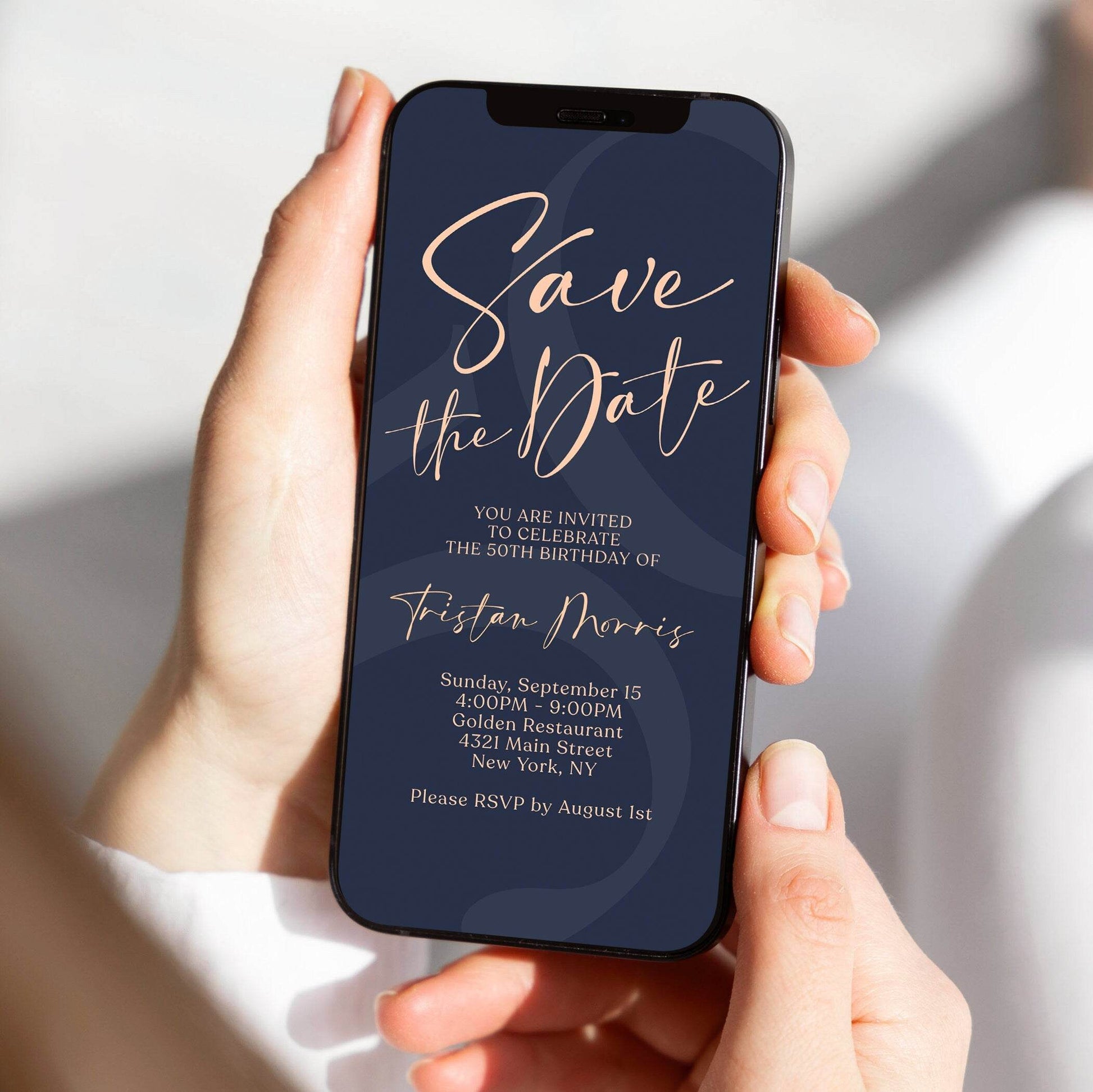 Navy Rose Gold 50th Birthday Invitation, Digital Save the Date Evite, Editable 50th Phone Text Message Invite, Instant Download