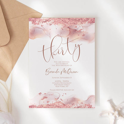 Rose Gold Thirty Invitation Template – Printable Editable 30th Birthday Card – Rose Gold Foil Birthday Invite – Digital Email & Text Message – Instant Download Invite, Email Text Message, Instant Download