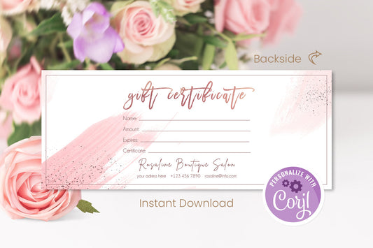 Editable Watercolor Rose Gold Gift Certificate Template, Gift Card Template, Gift Voucher Template, Printable Gift Cards, Logo Shop Voucher