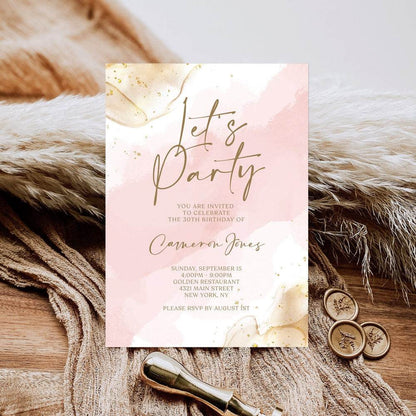 Blush Pink Gold Invitation Template, Editable Let’s Party Digital Invite for Birthday, Baby Shower, or Bridal Shower, Instant Download