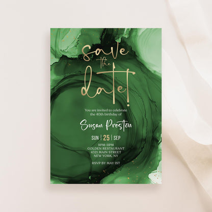 Green Emerald Gold Save the Date Invitation Template, Printable Birthday Party Announcement Cards, Editable Modern Invite, Digital Download