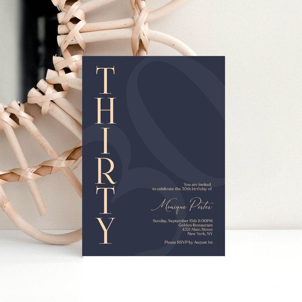 Navy 30th Birthday Invitation Template – Printable Minimalist Thirty Birthday Invite | Modern Elegant Men’s Birthday Evite | Editable Instant Download