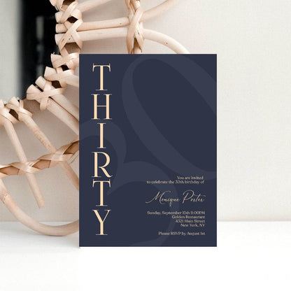 Navy 30th Birthday Invitation Template – Printable Minimalist Thirty Birthday Invite | Modern Elegant Men’s Birthday Evite | Editable Instant Download