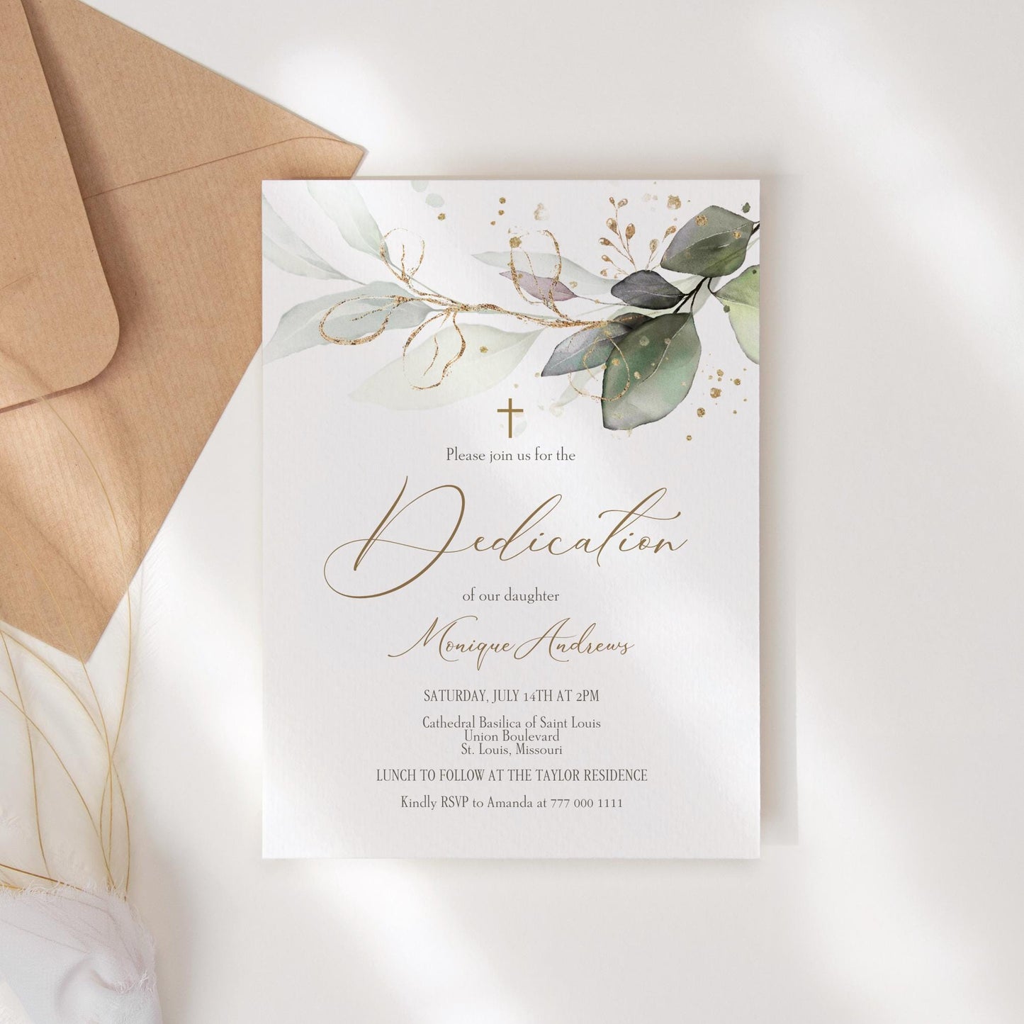 Editable Dedication Invitation Card Template, Printable Greenery Dedication Invite, Boy Girl Baptism Invitation, Digital Template Download