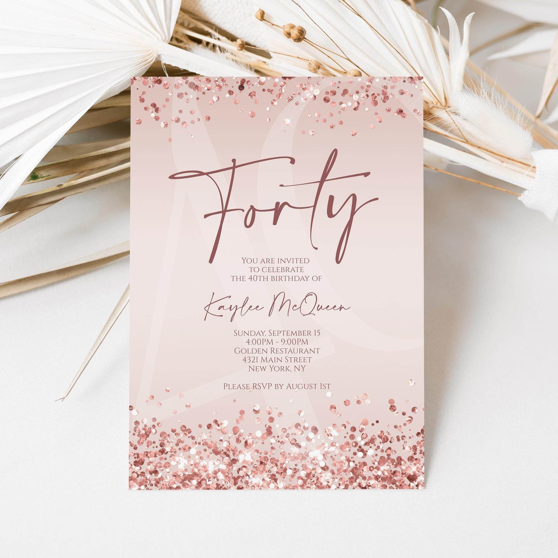 Rose Gold 40th Birthday Invitation Template, Editable Any Age Birthday Evite, Printable Pink Invite for Women, Text Message Download