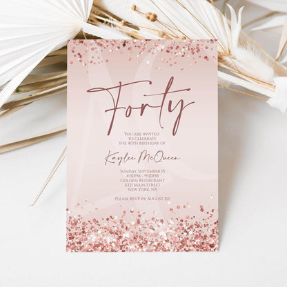 Rose Gold 40th Birthday Invitation Template, Editable Any Age Birthday Evite, Printable Pink Invite for Women, Text Message Download