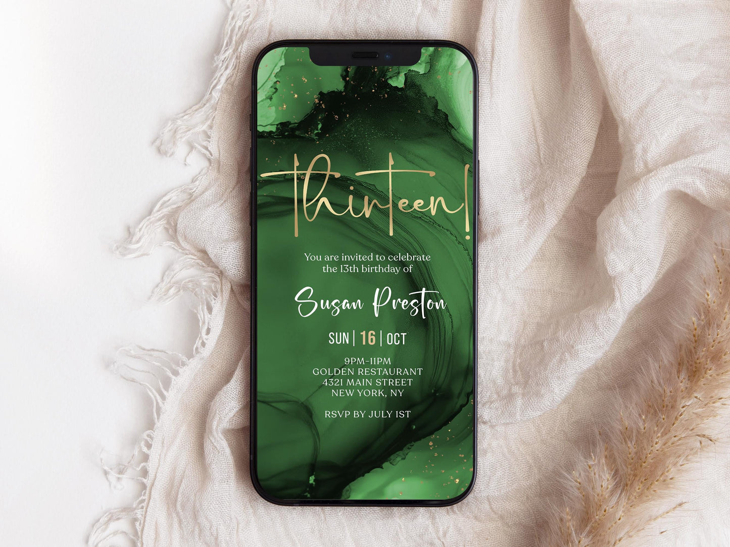 13th Birthday Invitation Template | Green Emerald Gold Design | Instant Download